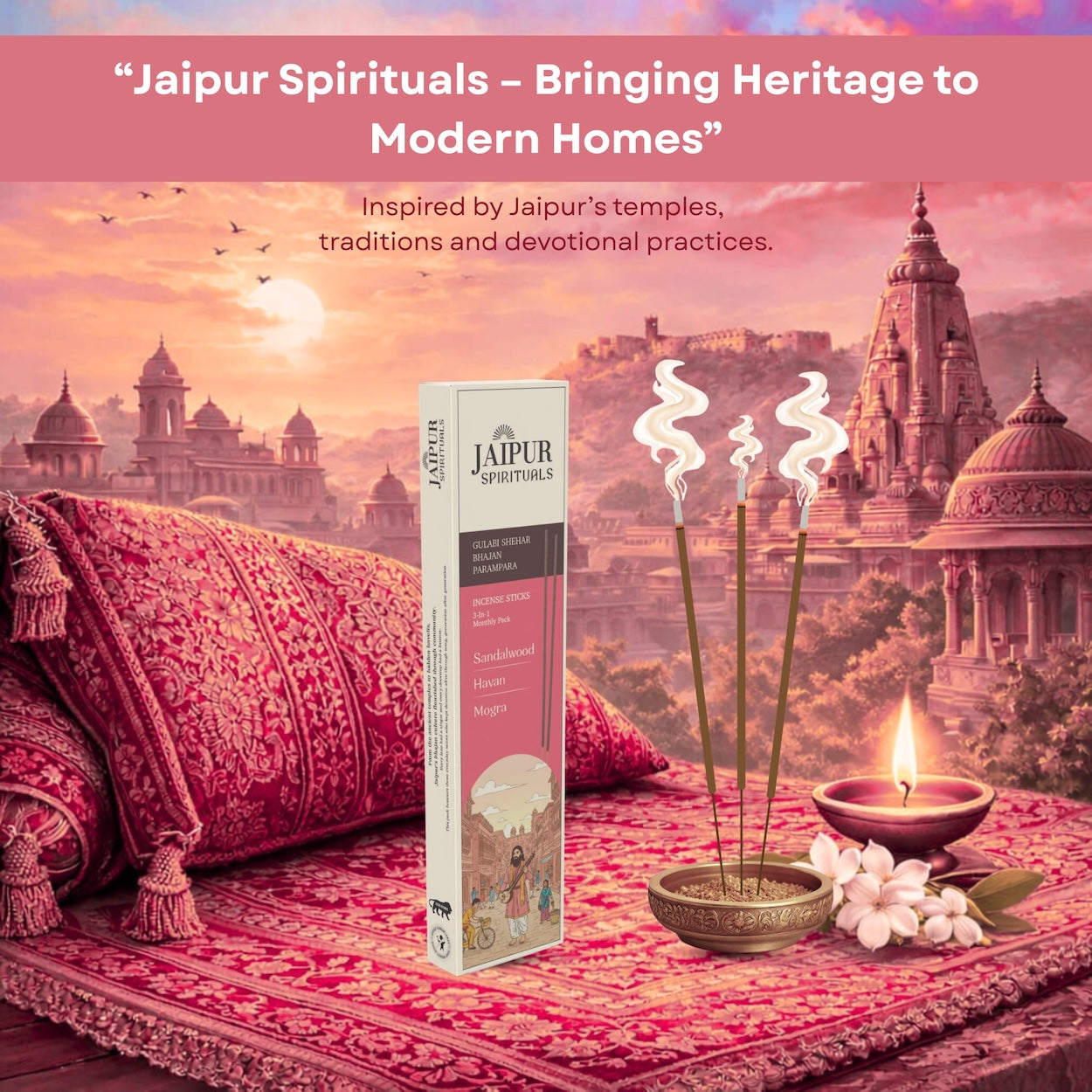 Gulabi Shehar Bhajan Parampara | 3-in-1 Monthly Pack | Sandalwood, Havan & Mogra Agarbatti | | Charcoal Free, Pure Aroma | Long Lasting Fragrance