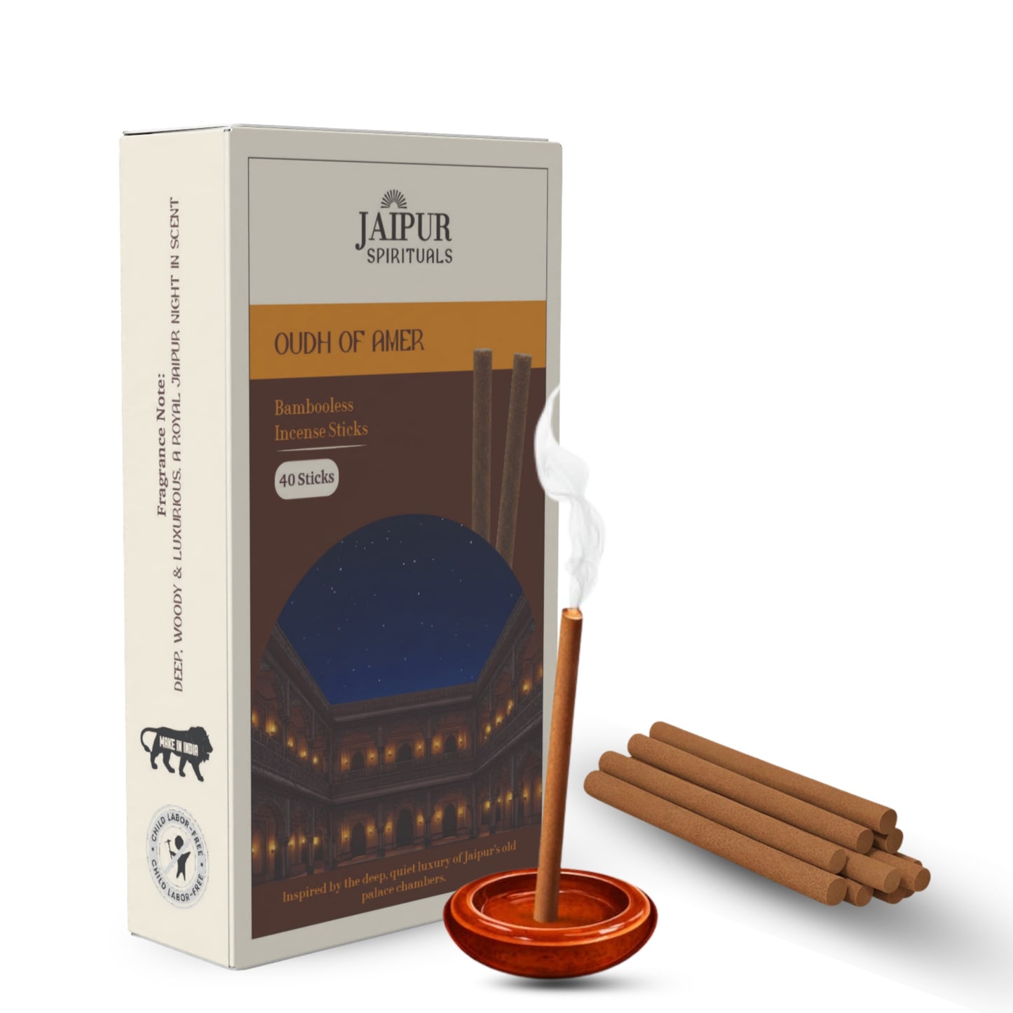 Oudh Bambooless Incense Sticks – “Oudh of Amer” Fragrance | Premium Low Smoke Agarbatti | Inspired by the Royal Evenings of Amer Fort, Jaipur | Long Lasting Luxury Aroma | 40 Sticks