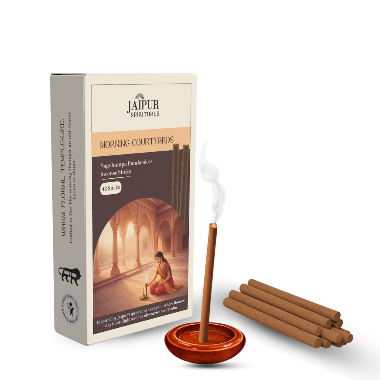 Morning Courtyards Nagchampa Bambooless Incense Sticks | Clean Burning Incense for Puja, Meditation & Yoga | Low Smoke, Long Lasting Fragrance | Inspired by Serene Jaipur Mornings