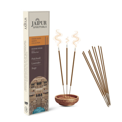 Chand Baori Shanti Collection | 3-in-1 Monthly Pack | Patchouli, Lavender & Sage Agarbatti Fragrances | Charcoal Free | Meditation, Yoga & Stress Relief