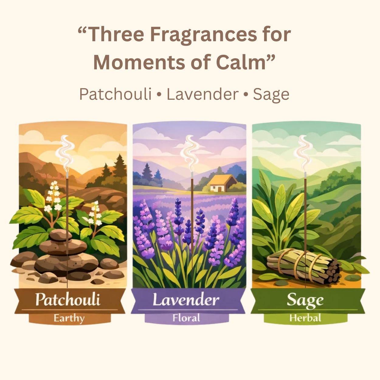 Chand Baori Shanti Collection | 3-in-1 Monthly Pack | Patchouli, Lavender & Sage Agarbatti Fragrances | Charcoal Free | Meditation, Yoga & Stress Relief