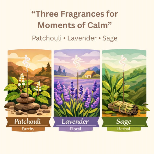 Chand Baori Shanti Collection | 3-in-1 Monthly Pack | Patchouli, Lavender & Sage Agarbatti Fragrances | Charcoal Free | Meditation, Yoga & Stress Relief