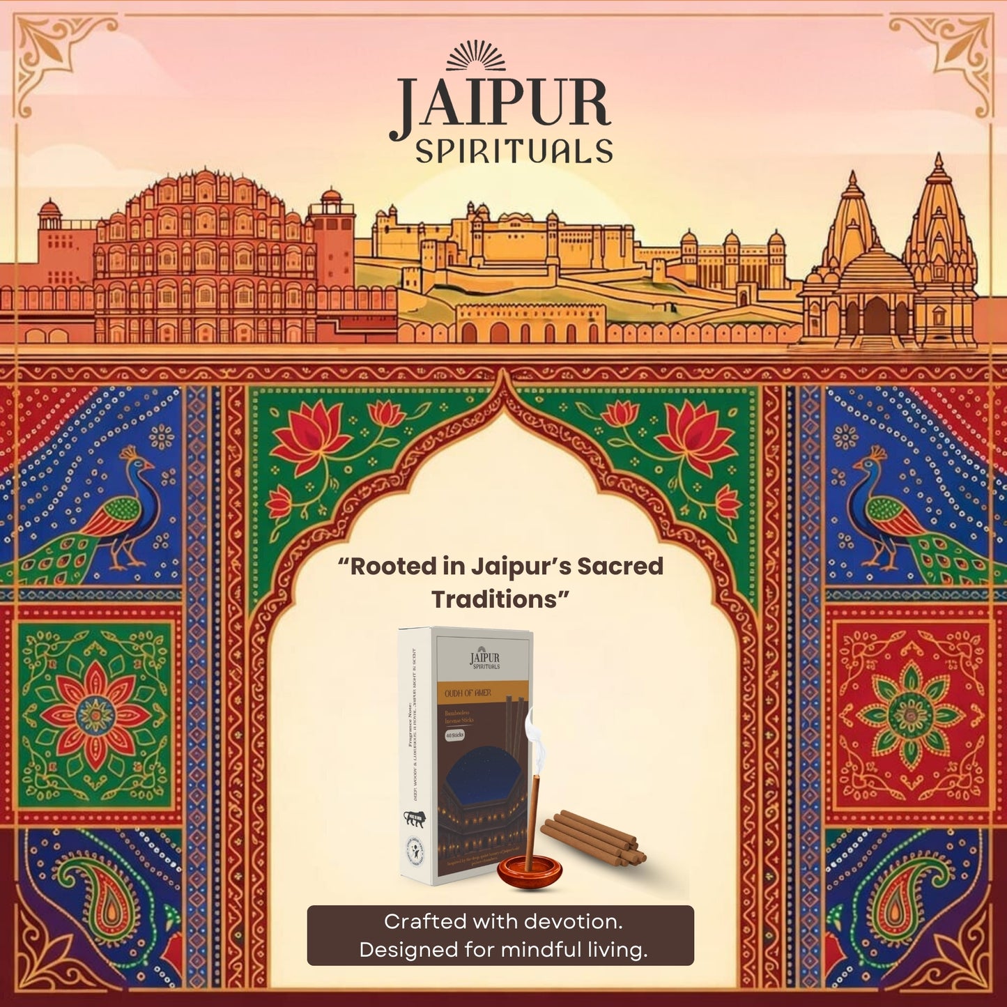 Oudh Bambooless Incense Sticks – “Oudh of Amer” Fragrance | Premium Low Smoke Agarbatti | Inspired by the Royal Evenings of Amer Fort, Jaipur | Long Lasting Luxury Aroma | 40 Sticks