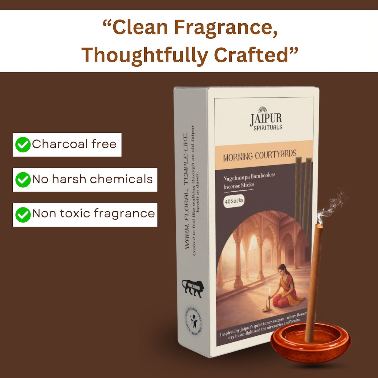 Morning Courtyards Nagchampa Bambooless Incense Sticks | Clean Burning Incense for Puja, Meditation & Yoga | Low Smoke, Long Lasting Fragrance | Inspired by Serene Jaipur Mornings