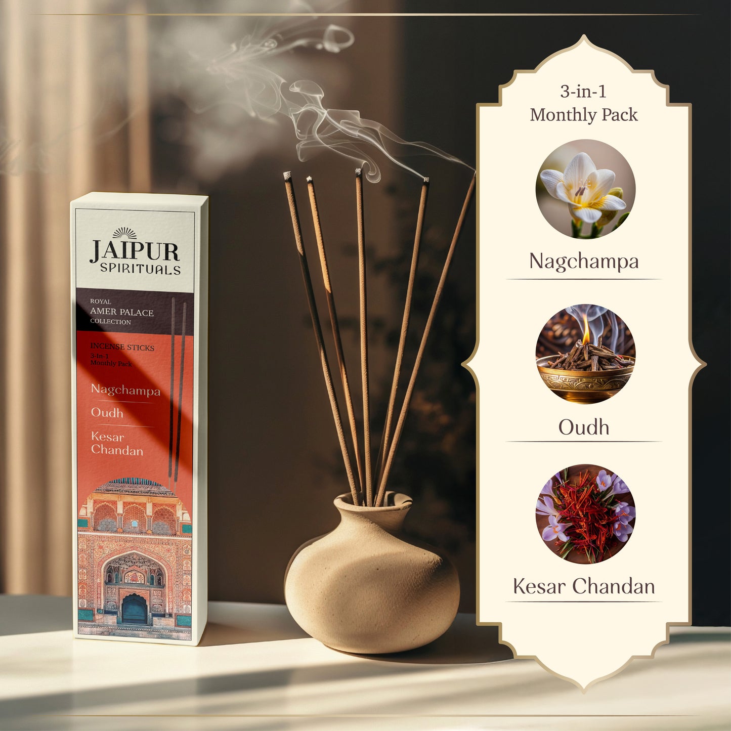 Royal Amer Palace Collection | 3-in-1 Fragrances | Nagchampa, Oudh, Kesar Chandan | Charcoal Free, Pure Aroma (Pack of 3)