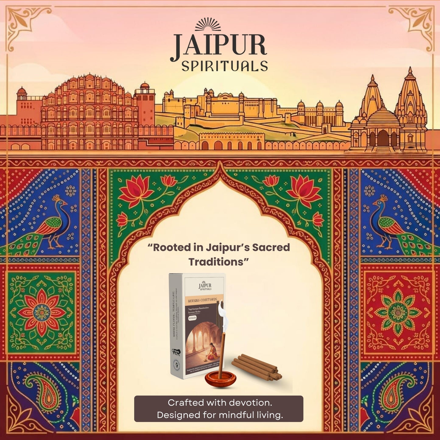 Morning Courtyards Nagchampa Bambooless Incense Sticks | Clean Burning Incense for Puja, Meditation & Yoga | Low Smoke, Long Lasting Fragrance | Inspired by Serene Jaipur Mornings